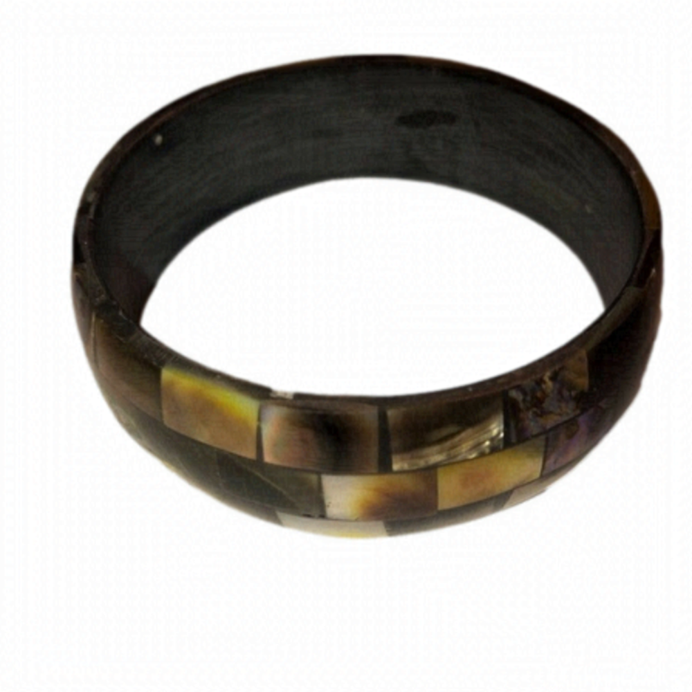 VTG Abalone Brown w Blue Irridescent Inlay Squares & Wooden Bangle 8”